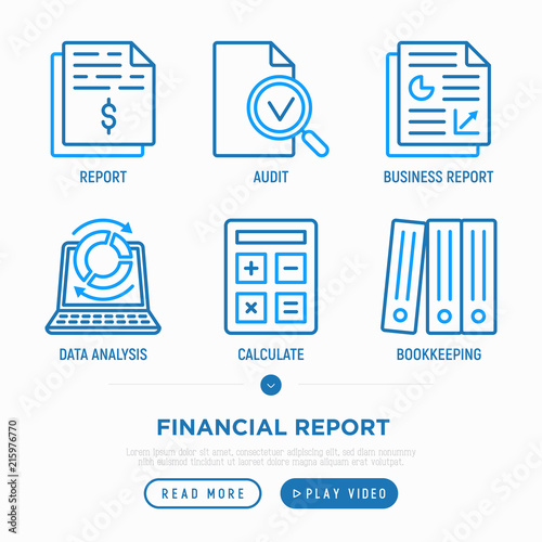 Financial report thin line icons set: financial analytics, calculate, audit, calendar. Vector illustration.