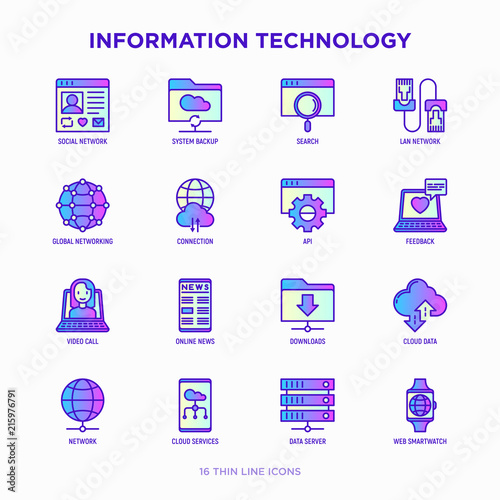 Information technology thin line icons set: social network, system backup, search, LAN network, connection, API, feedback, video call, online news, downloads, cloud data. Modern vector illustration.