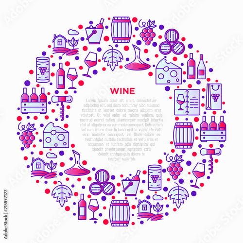 Wine concept in circle with thin line icons: corkscrew, wine glass, cork, grapes, barrel, list, decanter, cheese, vineyard, bucket, shop, delivery. Modern vector illustration, print media template.