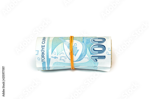 Turkish banknotes roll. Turkish Lira TRY or TL isolated on white background.