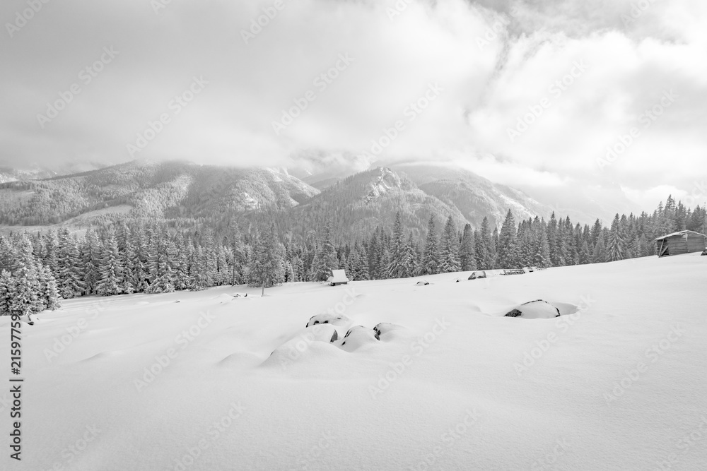 Beautiful winter landscape on Rusinowa Glade. Tatra mountains.