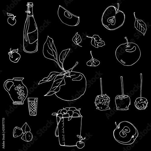 Apples and Sidre. Sketched vector food illustration - white on black background
