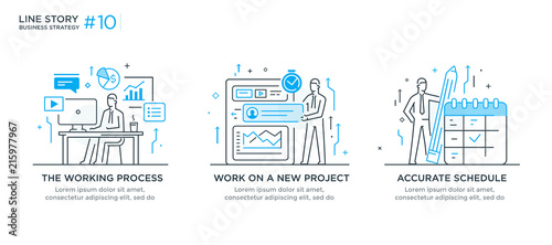 Set of illustrations concept with business concept. Workflow, growth, graphics. Business development, milestones, start-up. linear illustration Icons infographics. Landing page site print poster. Line