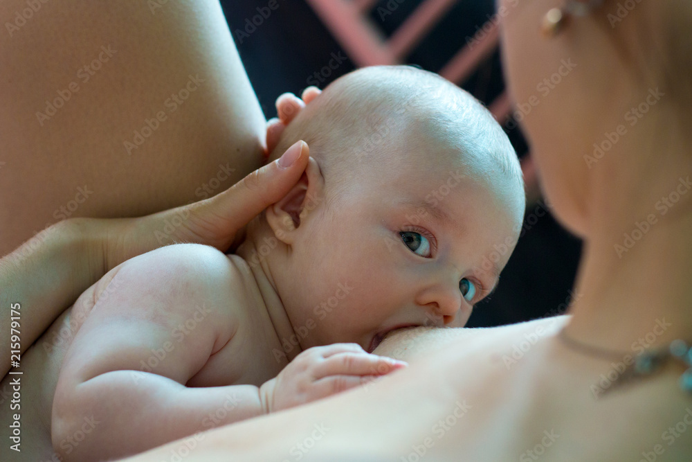 kids mom nude Little baby breastfeeding, mom is nursing cute infant at home, baby feels  security in mother's arms, bonding on nude skin, beautiful baby is watching  curiously while eating with adorable blue eyes Stock
