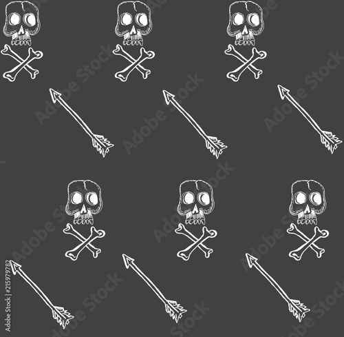 Vector seamless pattern with skulls and bones gray background (ID: 215979782)