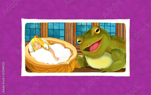 cartoon scene with frog looking at small girl sleeping in chestnut shell - illustration for children