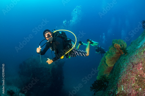 SCUBA diver swimming on a dark, murky tropical coral reef