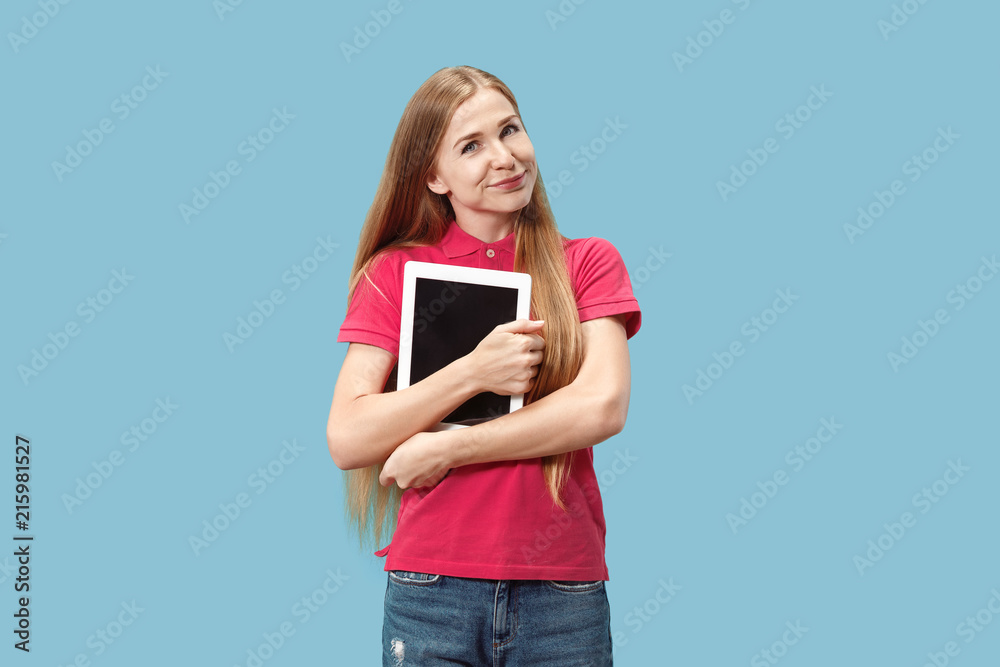 The happy businesswoman with red laptop on blue The happy businesswoman with red laptop on blue