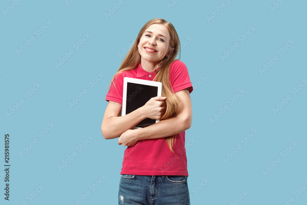 The happy businesswoman with red laptop on blue The happy businesswoman with red laptop on blue