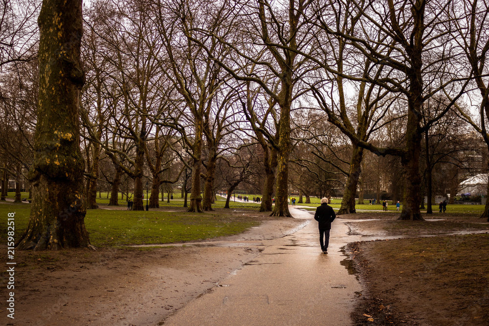 Idoso caminhando em Green Park, Londres