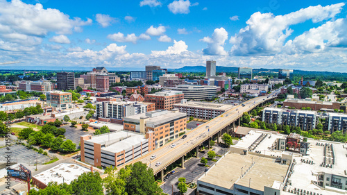 Drone Aerial of Downtown Greenville South Carolina Skyline