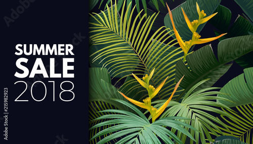 Summer vector floral sale banner. Tropical template design with banana and sabal palm leaves and yellow bird of paradise flowers.