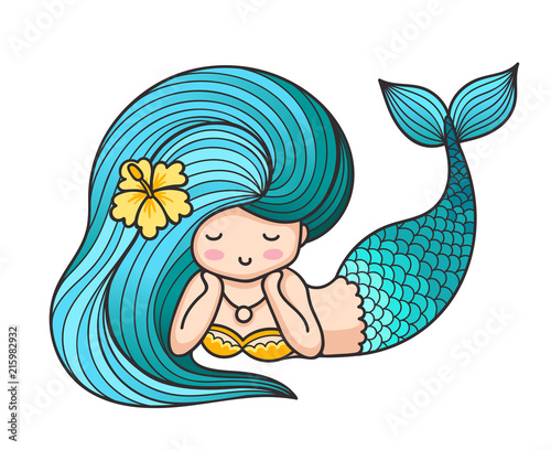 Cute lying dreamy mermaid with blue hair. Vector illustration.