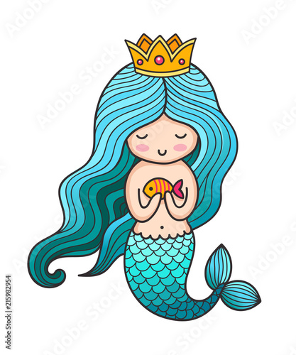 Cute little princess mermaid with turquoise hair and golden crown. Colored vector illustration.