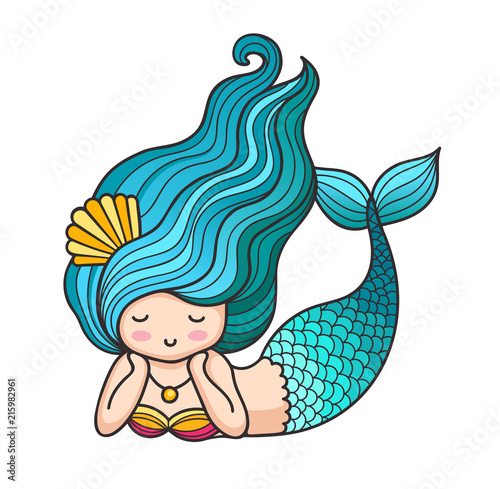 Cute lying dreamy mermaid with curly blue hair. Vector illustration.