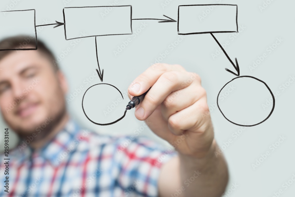 startup businessman draws a flowchart with a black marker on the glass during a meeting in the office. startup businessman draws a flowchart with a black marker on the glass during a meeting in the office.