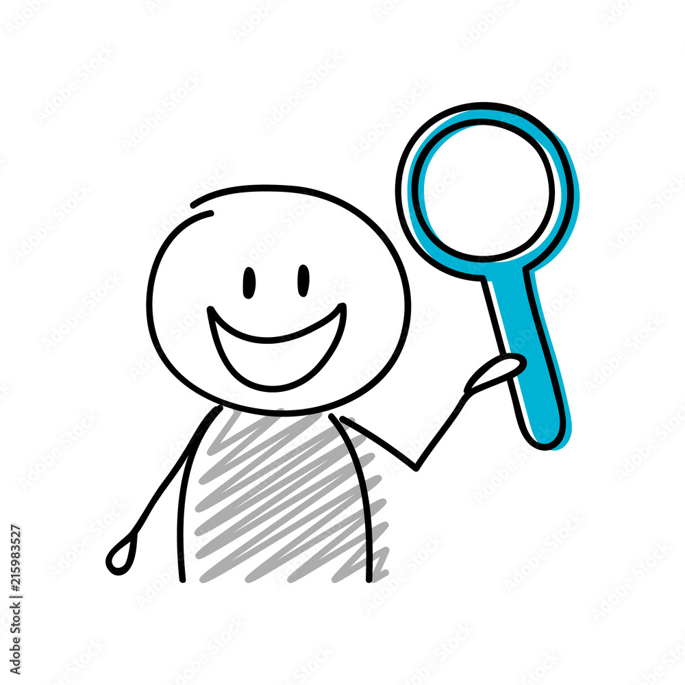 Stickman with happy facial expression holiding magnifier (search) icon. Vector. Stickman with happy facial expression holiding magnifier (search) icon. Vector.