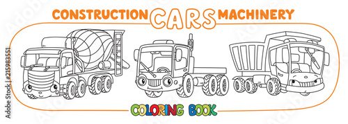 Funny heavy cars with eyes. Coloring book set