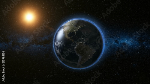 Fototapeta Naklejka Na Ścianę i Meble -  Space view on Planet Earth and Sun Star rotating on its axis in black Universe. Milky Way in the background. Seamless loop with day and night city lights change. Elements of image furnished by NASA