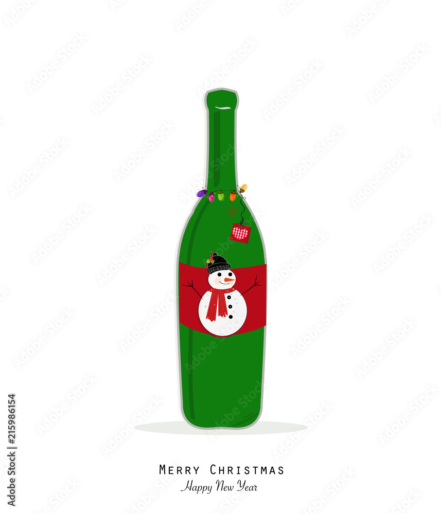 Christmas champagne bottle with Snowman and colorful christmas light bulb. Christmas champagne bottle with Snowman and colorful christmas light bulb.