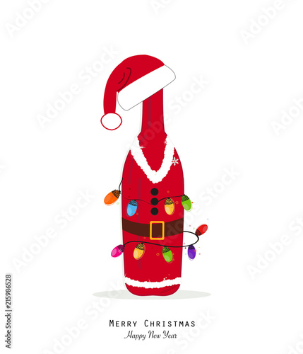 Santa Claus. Christmas champagne bottle with colorful christmas light bulb