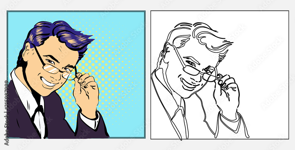 Obraz premium Businessman or teacher handsome in glasses smiling , pop art retro comic style hand drawn illustration in line black and white and colored versions