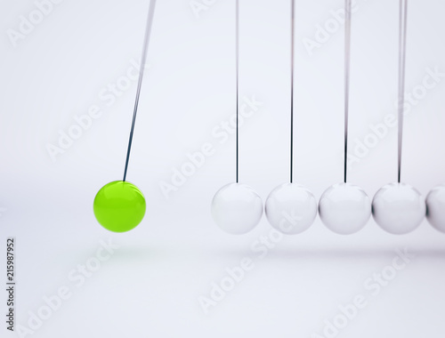 Newton's cradle physics concept background for cause and effect. Green ball in motion 3d render.