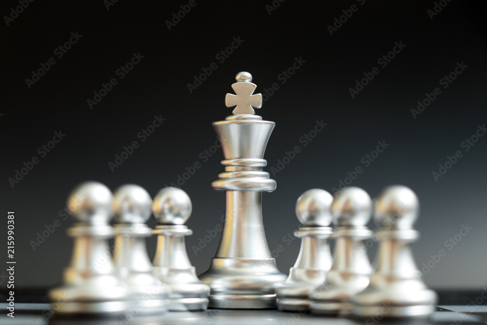 Silver king chess piece stand with pawn on black background Silver king chess piece stand with pawn on black background