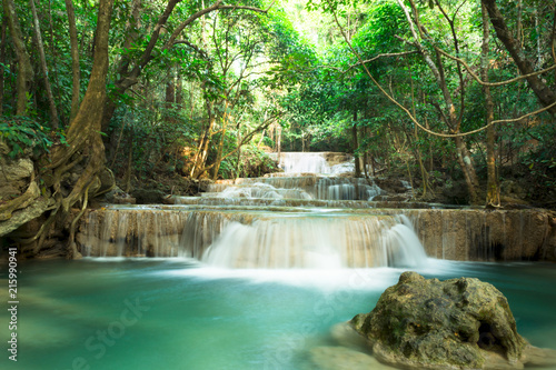 Waterfall Huay Mae Kamin in deep forest with beautiful   in Thailand