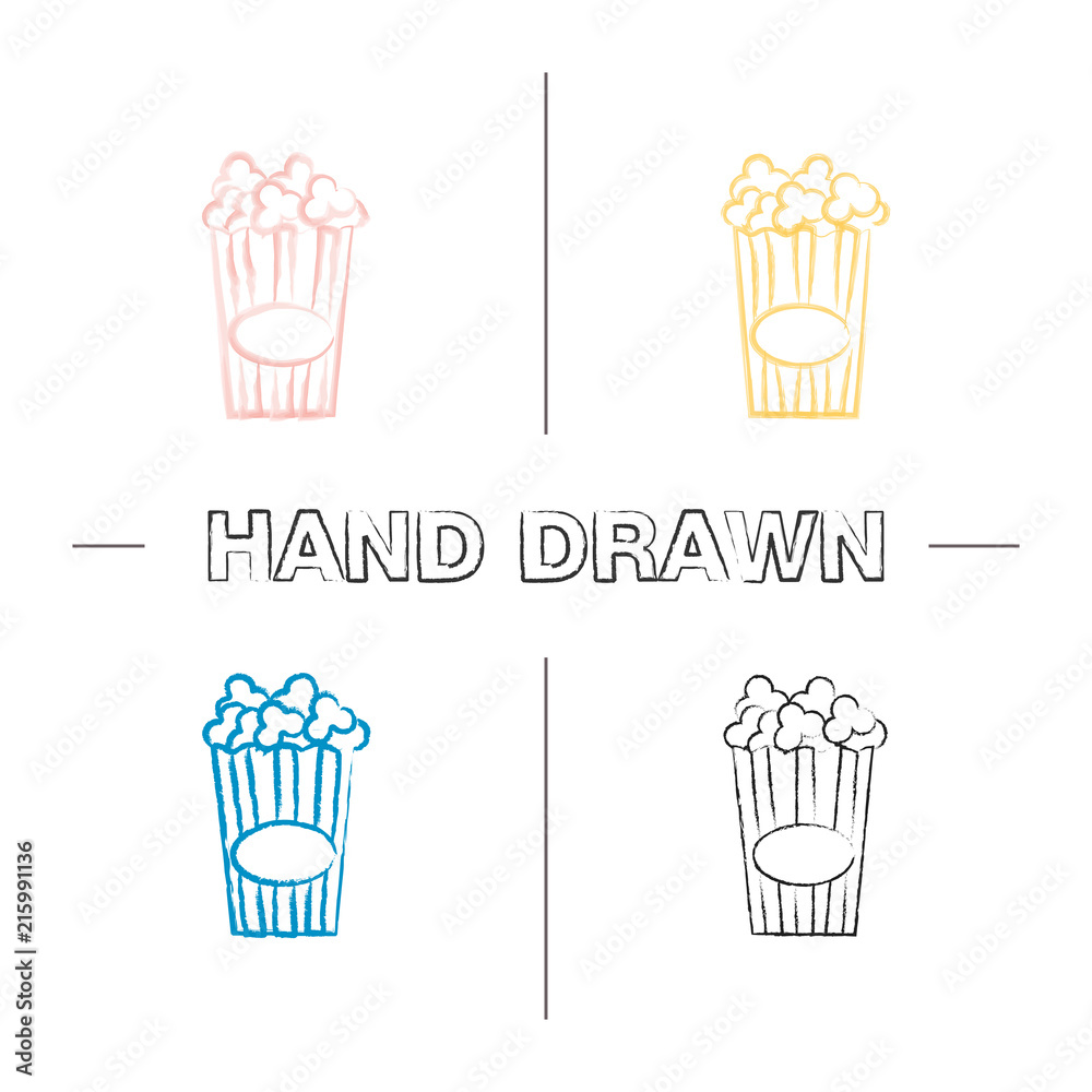 Paper glass with popcorn hand drawn icons set Paper glass with popcorn hand drawn icons set
