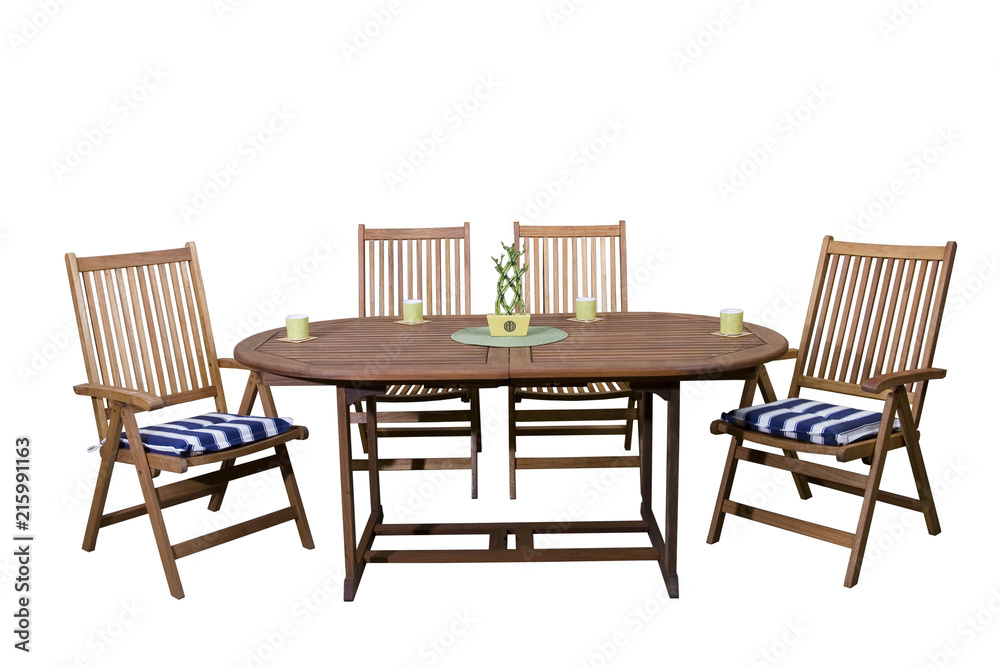 Fototapeta premium Wooden garden furniture with coffee cups end live bamboo decoration, isolated on white background