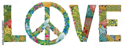 Word LOVE with the symbol of peace. Vector decorative zentangle object