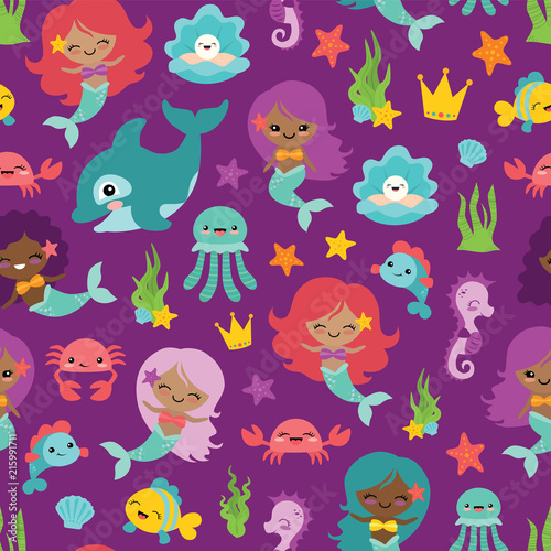 Vector Purple People of Color Mermaids and Friends Seamless Pattern Background
