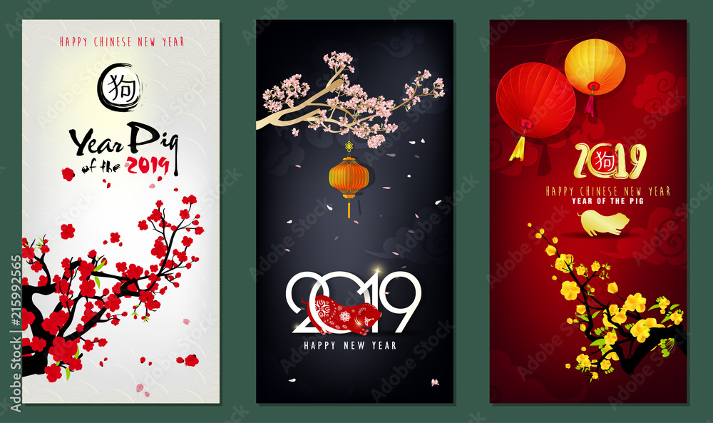 Happy New Year 2019. Chienese New Year, Year of the Pig Happy New Year 2019. Chienese New Year, Year of the Pig