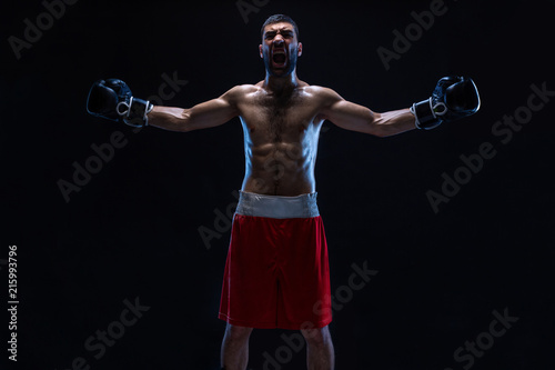 Oriental boxer celebrating his victory with raised arms in black gloves. © nazarovsergey