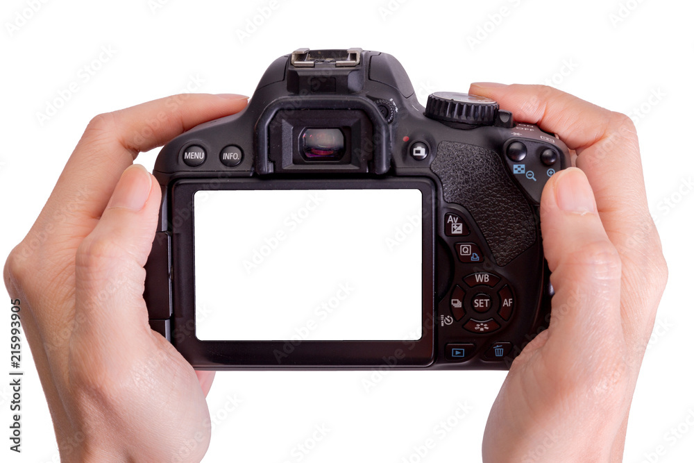 Hands holding the camera on white background,include clipping path Hands holding the camera on white background,include clipping path