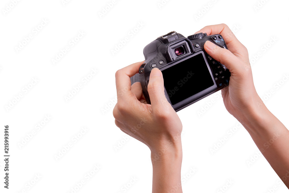 Hands holding the camera on white background,include clipping path Hands holding the camera on white background,include clipping path