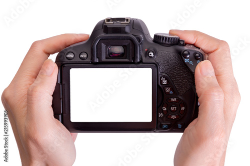 Hands holding the camera on white background,include clipping path