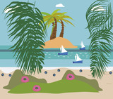 Tropical beach with palm. flower, boat, island, exotic