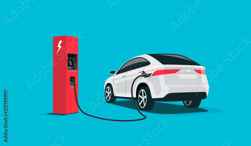 Flat vector illustration of a white electric car suv charging at the red charger station. Electromobility e-motion concept.