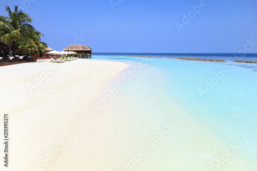 Fototapeta Naklejka Na Ścianę i Meble -  Maldivian Island Resort and Palm Trees with Pacific Ocean in the Background.