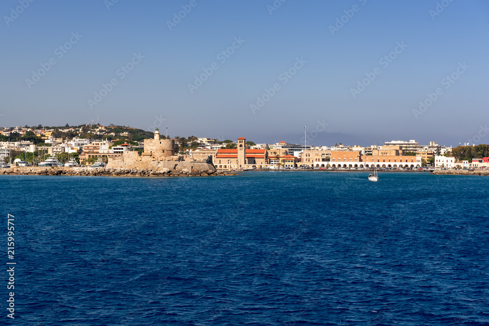 Architecture of city of Rhodes seen from the sea. Rhodes island, Dodecanese, Greece.