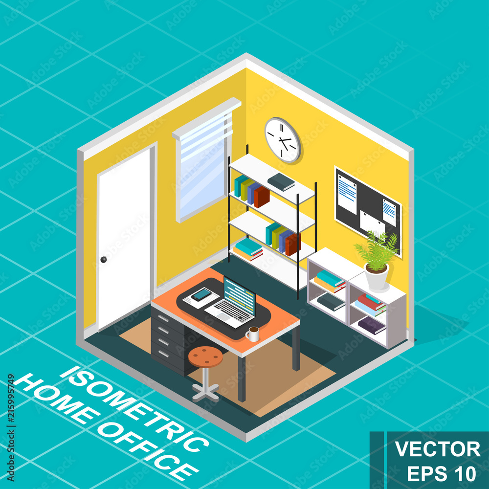 Isometry. Modern room. Home Office. View from above. For your design.