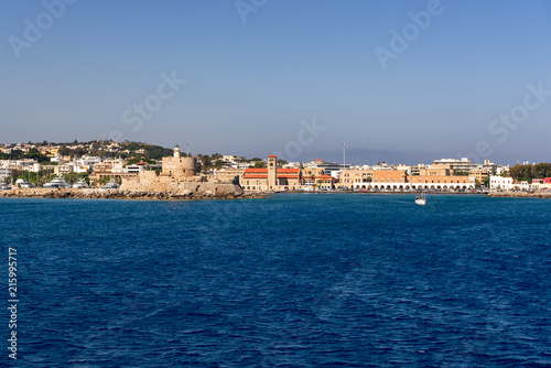 Architecture of city of Rhodes seen from the sea. Rhodes island, Dodecanese, Greece.