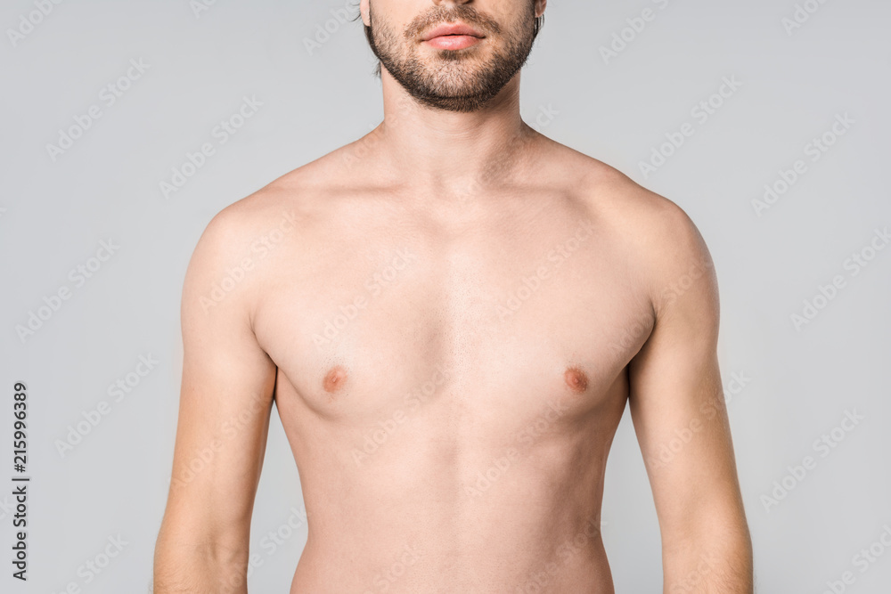 cropped shot of shirtless man isolated on grey