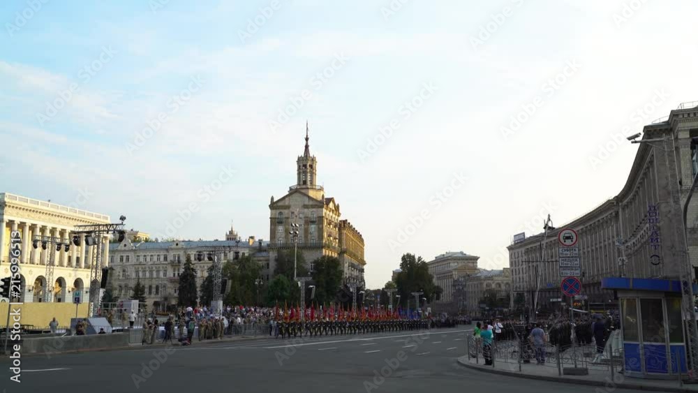 Wide angle view of military officials marching down a street in Kiev during a military parade Wide angle view of military officials marching down a street in Kiev during a military parade
