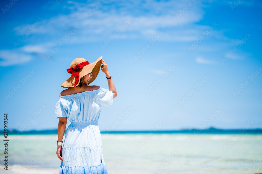summer holidays, vacation, travel and people concept - smiling young woman and red wine in sun hat on beach over sea and blue sky background.copy space summer holidays, vacation, travel and people concept - smiling young woman and red wine in sun hat on beach over sea and blue sky background.copy space