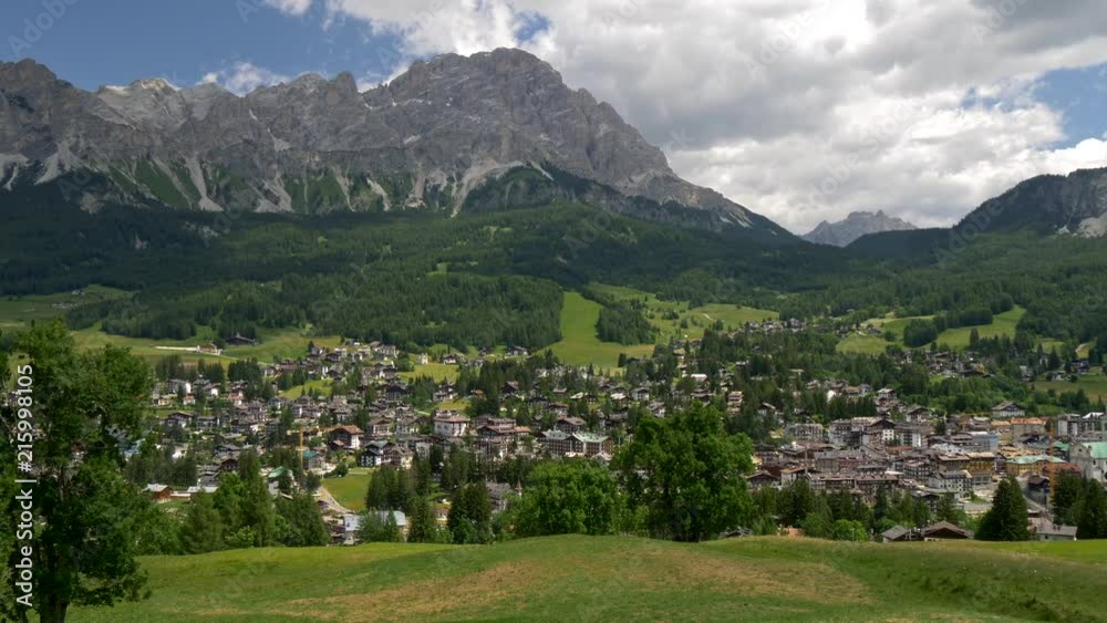 Panning shot of Cortina d'Ampezzo, Italy. Alpine resort in the Dolomites,South Tyrol in summer. 4K, UHD Panning shot of Cortina d'Ampezzo, Italy. Alpine resort in the Dolomites,South Tyrol in summer. 4K, UHD