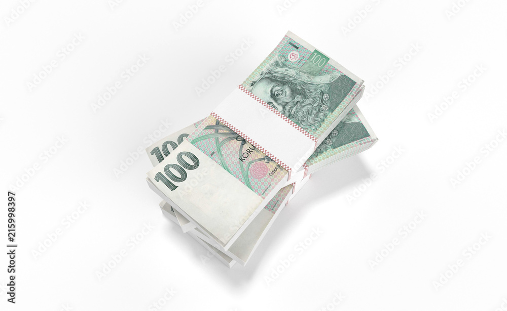 3D realistic render of 100 stack czech crown ceska koruna national money in czech republic. Isolated on white background. 3D realistic render of 100 stack czech crown ceska koruna national money in czech republic. Isolated on white background.
