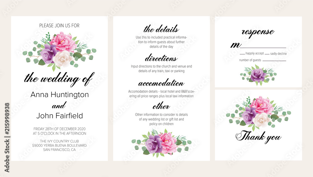 Floral wedding invitation set with blush pink peony, purple and white roses. This wedding invitation template set includes four templates: invitation card, rsvp card, details and thank you card.